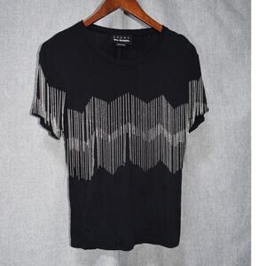 The Kooples Sport Black Short Sleeve Tee with Silver Chain Fringe Size S